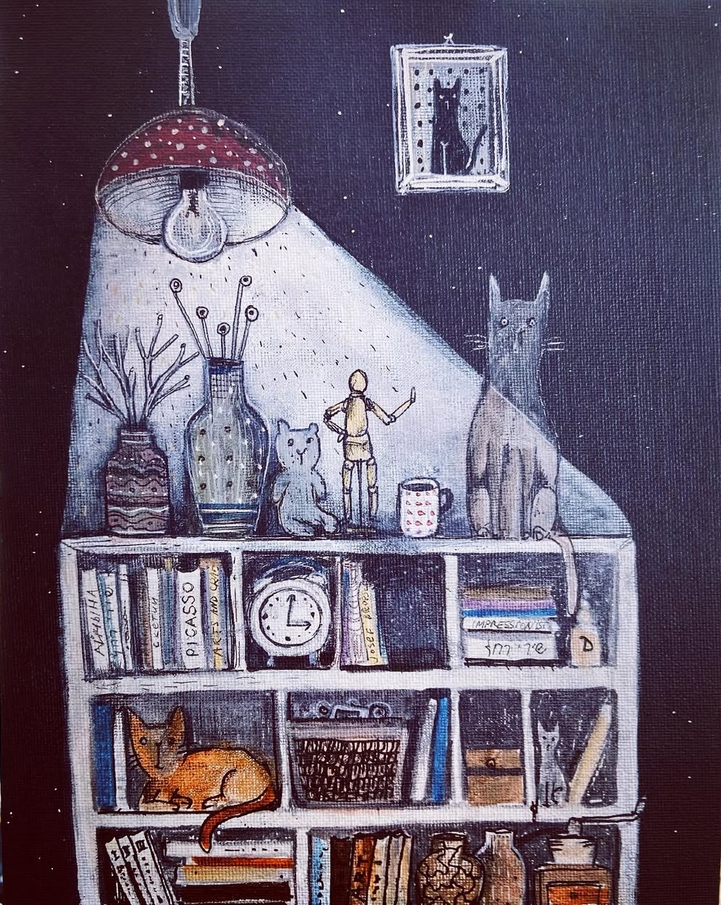 Книжный шкаф с котами — авторская работа Дарьи Альперн Катковской